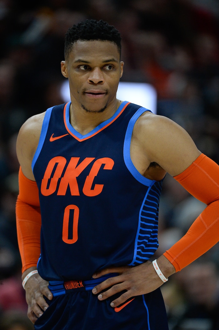 (Francisco Kjolseth  |  The Salt Lake Tribune)   Oklahoma City Thunder guard Russell Westbrook (0) keeps his eye on the Jazz in the NBA game at Vivint Smart Home Arena Sat., Dec. 22, 2018, in Salt Lake City.