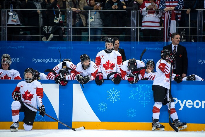 (Chris Detrick  |  The Salt Lake Tribune)  Members of team Canada after the Women's Gold Medal Game at Gangneung Hockey Centre during the Pyeongchang 2018 Winter Olympics Thursday, Feb. 22, 2018. United States defeated Canada 3-2 in a shootout victory. 