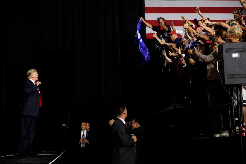 President Donald Trump arrives at a rally at Florida State Fairgrounds Expo Hall, Tuesday, July 31, 2018, in Tampa, Fla. (AP Photo/Evan Vucci)