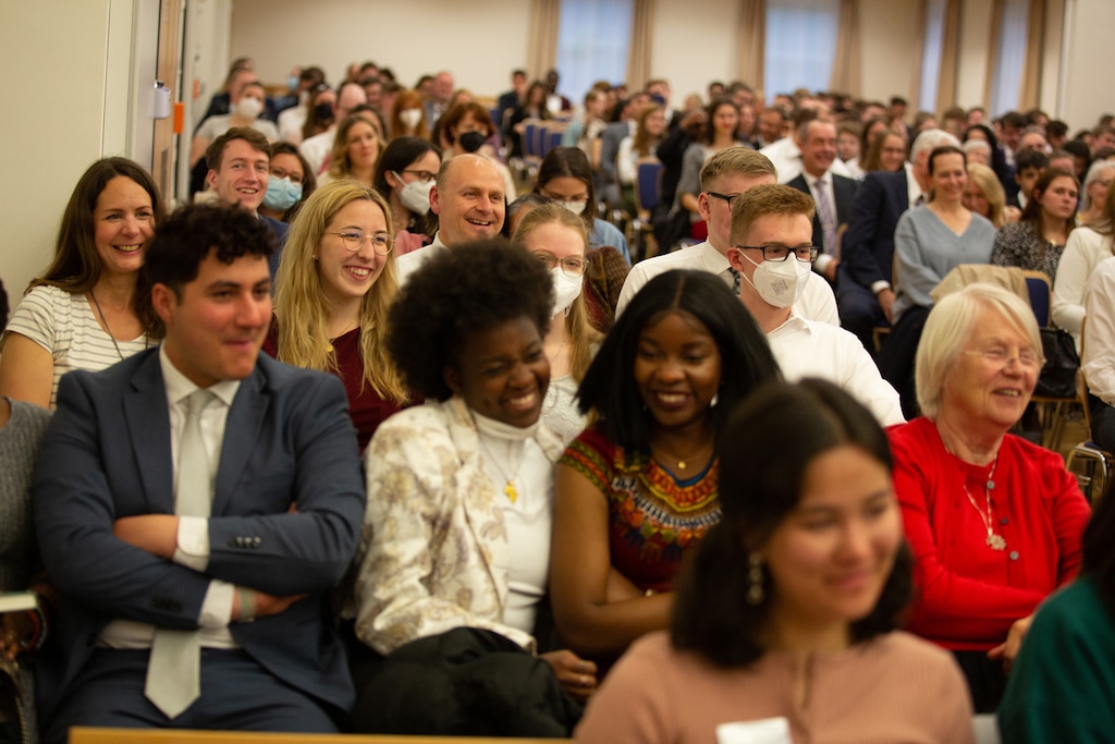 (The Church of Jesus Christ of Latter-day Saints) Latter-day Saints and friends of the faith listen to a devotional with apostle Dieter F. Uchtdorf in Friedrichsdorf, Germany, in 2022.