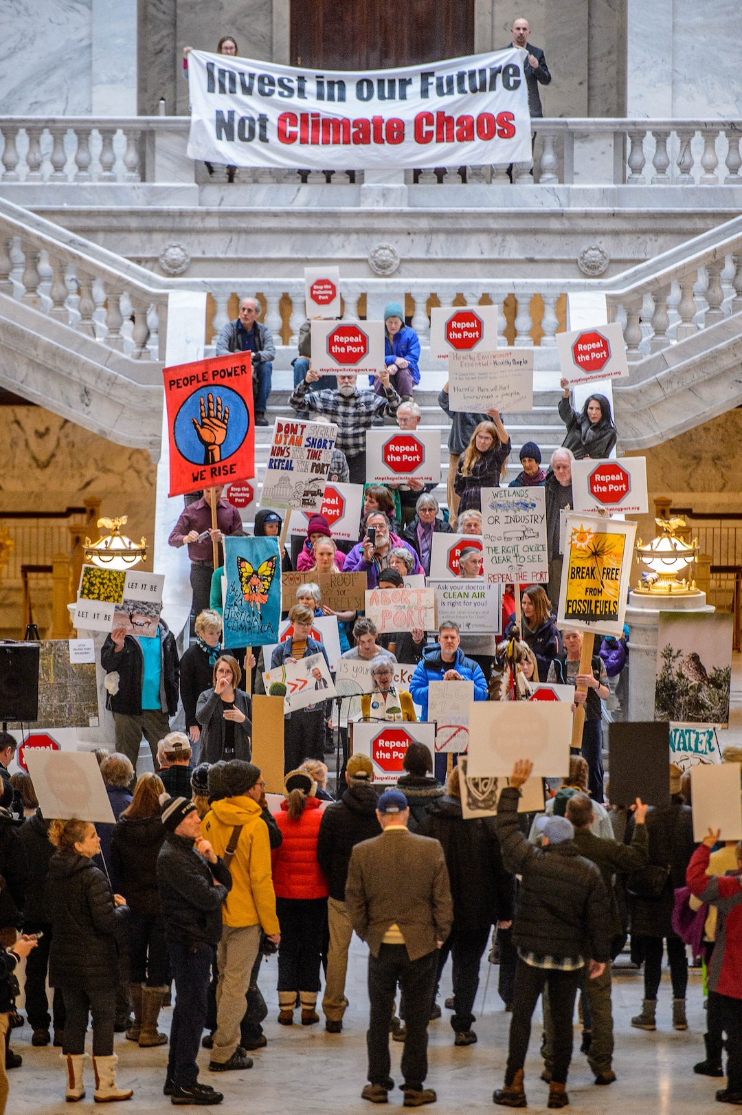 (Trent Nelson  |  The Salt Lake Tribune) A rally against the Inland Port at the state Capitol in Salt Lake City on Monday, Feb. 3, 2020.