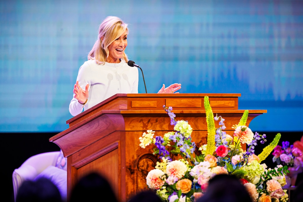 (Nate Edwards | BYU Photo) Tamara W. Runia, first counselor in the Young Women General Presidency, speaks at BYU's Women's Conference on Wednesday, April 29, 2026.