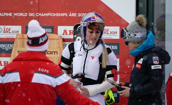 In this photo taken on Feb. 8, 2019, Lindsey Vonn wears an airbag in Are. Lindsey Vonn has been getting plenty of use out of an air bag safety device that she wears under her racing suit. Developed by Italian manufacturer Dainese, the D-air Ski system fits into a vest around Vonn’s upper body and is programmed to inflate during crashes. (AP Photo/Giovanni Auletta)
