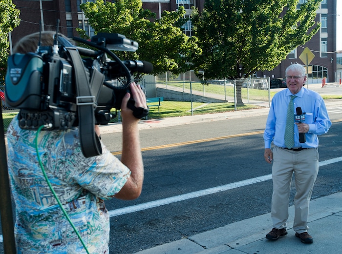 (Rick Egan  |  The Salt Lake Tribune) Rod Decker reports live from West High School, for KUTV news, Monday, September 11, 2017.


