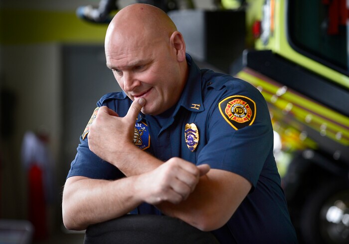 (Scott Sommerdorf | The Salt Lake Tribune)
Capt. Mike Stevens pauses while recounting some of the moments in his career that still stick with him as he speaks during an interview at Fire Station 12 near the Salt Lake International Airport, Thursday, May 10, 2018.
Stevens was once suicidal, a reaction to accumulated traumas he had witnessed on the job. He's now pushing other first responders to consider their mental health.