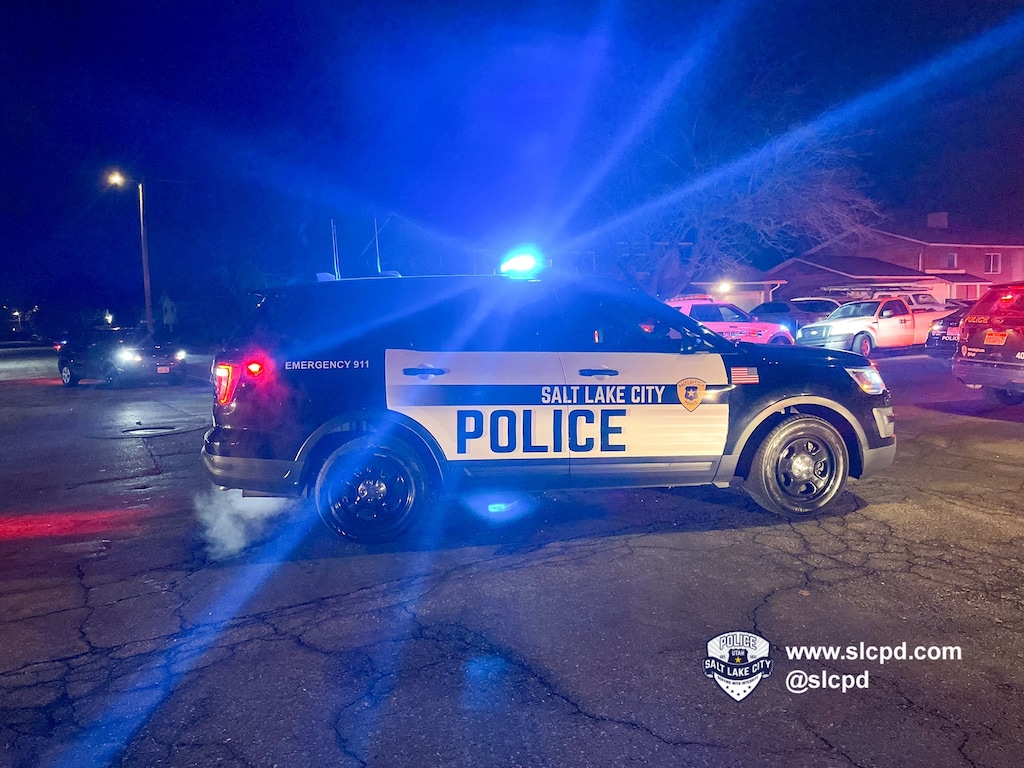 (SLCPD) A Salt Lake City patrol vehicle at the scene of a police shooting in Salt Lake City early Friday, Jan. 13, 2023.