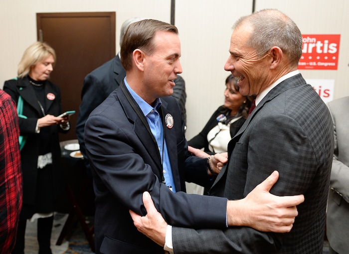 (Francisco Kjolseth  |  The Salt Lake Tribune)  Rep. Mike Winder, R-West Valley City, greets John Curtis, Republican candidate for 3rd Congressional District, as he awaits election results with supporters during his election night watch party at the Provo Marriott Hotel & Conference Center Tuesday, Nov. 7, 2017. Curtis was declared winner of the special election to fill the congressional seat recently vacated by Rep. Jason Chaffetz.