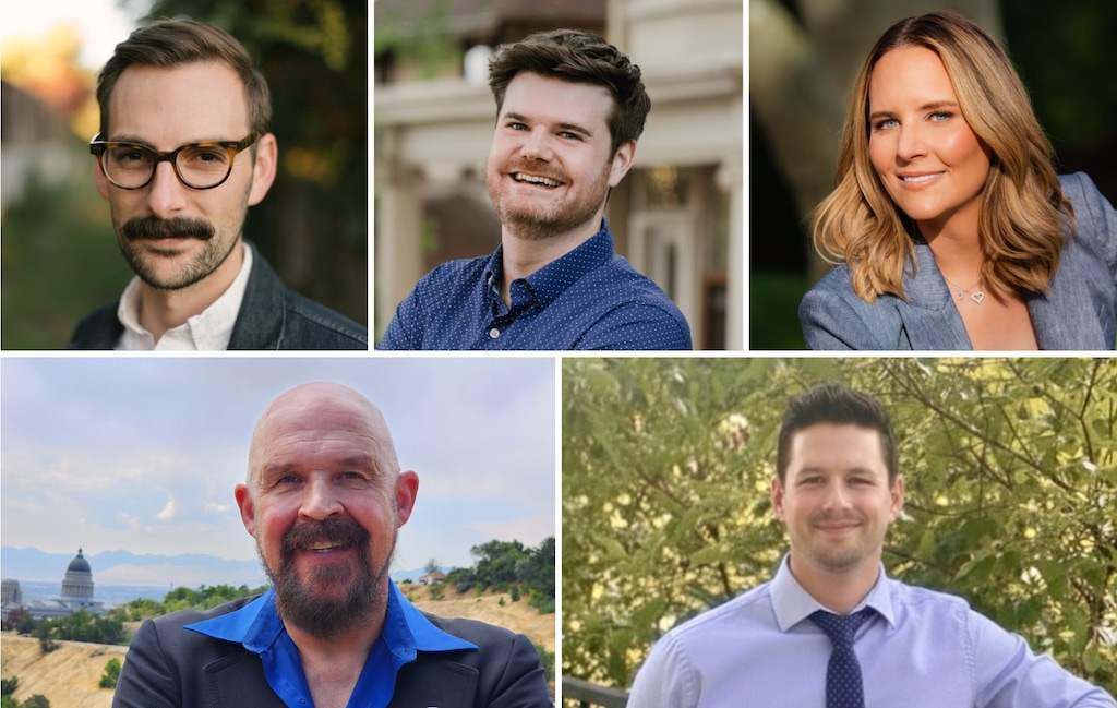 Candidates for Salt Lake City Council District 3, clockwise from top left: Blake McClary; Chris Wharton; Liddy Huntsman; Jake Seastrand; and David Berg.
