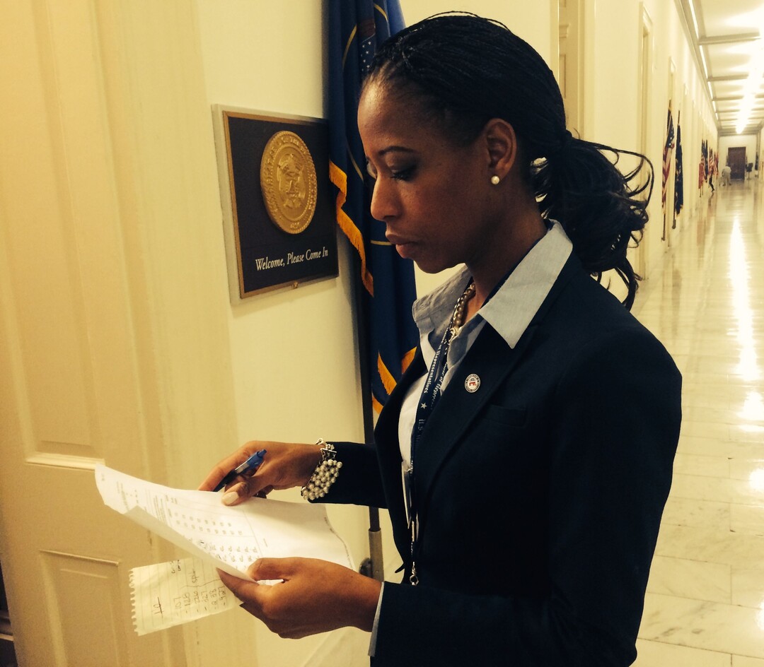 (Thomas Burr | The Salt Lake Tribune) Rep.-elect Mia Love checks over a list of her favorite offices to pick from during the House of Representatives office lottery system in Washington, Wednesday, Nov. 19, 2014.