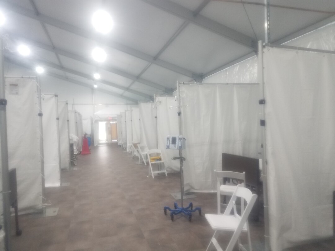 (Photo Courtesy of Dixie Harris) In this photo, Dixie Harris captured what it looks like in the ICU tent where she's working Northwell Health's Southside Hospital in New York.