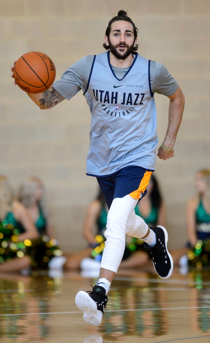 (Steve Griffin  |  The Salt Lake Tribune)    New Jazz guard Ricky Rubio brings the ball up court as the Jazz scrimmage in the Warrior Fitness Center on Hill Air Force Base as a part of a "Hoops for Troops" promotion Ogden Friday September 29, 2017. It's also Utah's first public scrimmage of the season, and the first look at how the new pieces of the team will work together. 