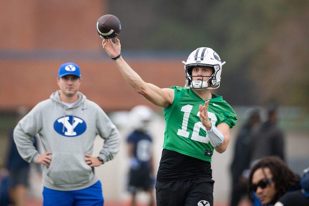 (Jaren Wilkey | BYU Athletics) BYU quarterback Jake Retzlaff participates in practice in San Antonio, Thursday, Dec. 26, 2024, ahead of the Alamo Bowl against Colorado on Saturday.