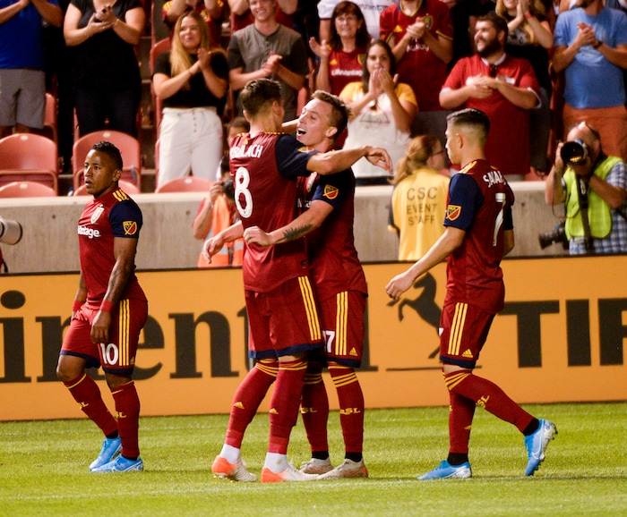 (Leah Hogsten  |  The Salt Lake Tribune)  Real Salt Lake forward Corey Baird (17) celebrates his goal as Real Salt Lake hosts the Seattle Sounders, Aug. 14, 2019, at Rio Tinto Stadium in Sandy. RSL defeated the Sounders 3-0.