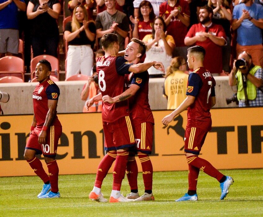 (Leah Hogsten  |  The Salt Lake Tribune)  Real Salt Lake forward Corey Baird (17) celebrates his goal as Real Salt Lake hosts the Seattle Sounders, Aug. 14, 2019 at Rio Tinto Stadium in Sandy. RSL defeated the Sounders 3-0. 