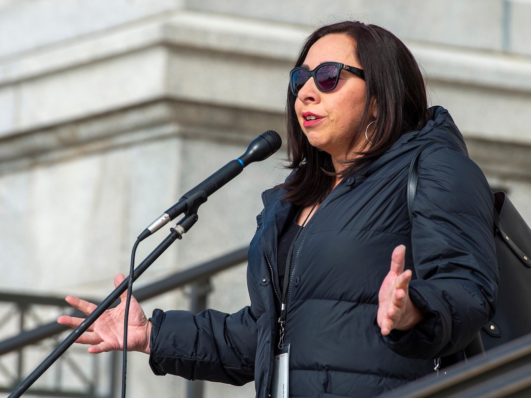 (Rick Egan  |  The Salt Lake Tribune)     Rep. Angela Romero says a few words as Native Americans and their supporters gather on the steps of the Utah State Capitol for a rally to oppose a resolution that would discourage the removal of Native American names or symbols from school mascots, Saturday, Jan. 25, 2020.