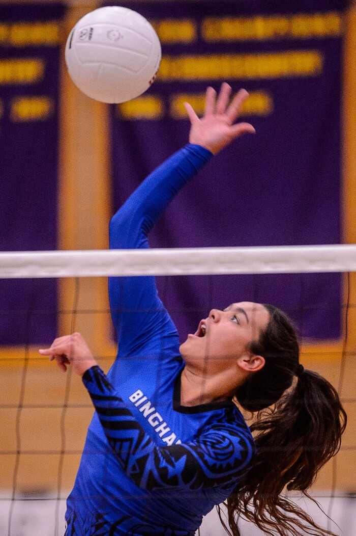 (Trent Nelson  |  The Salt Lake Tribune)  Bingham's Talia Myers (5) as North Summit hosts Bingham, high school girls' volleyball in Coalville, Thursday August 17, 2017.