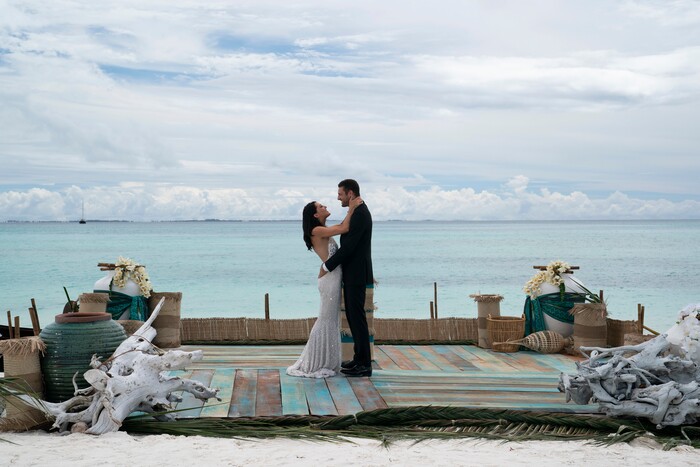 In this undated photo provided ABC, Becca Kufrin embraces Garrett Yrigoyen in an episode of the “The Bachelorette”. Kufrin celebrated her engagement to Yrigoyen, capping the Monday, Aug. 6, 2018, finale on ABC following the usual tears and drama. (Paul Hebert/ABC via AP)