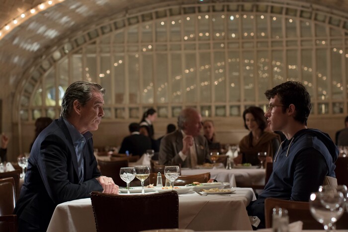 (Niko Tavernise  |  Amazon Studios/Roadside Attractions) Thomas Webb (Callum Turner, right), a young writer, meets his father Ethan (Pierce Brosnan) for an uncomfortable lunch, in the drama "The Only Living Boy in New York."