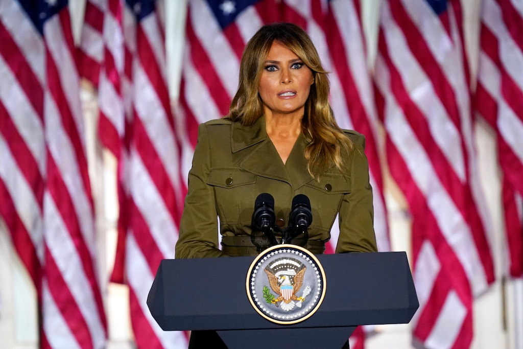 (AP Photo/Evan Vucci)
First lady Melania Trump speaks on the second day of the Republican National Convention from the Rose Garden of the White House, Tuesday, Aug. 25, 2020, in Washington.