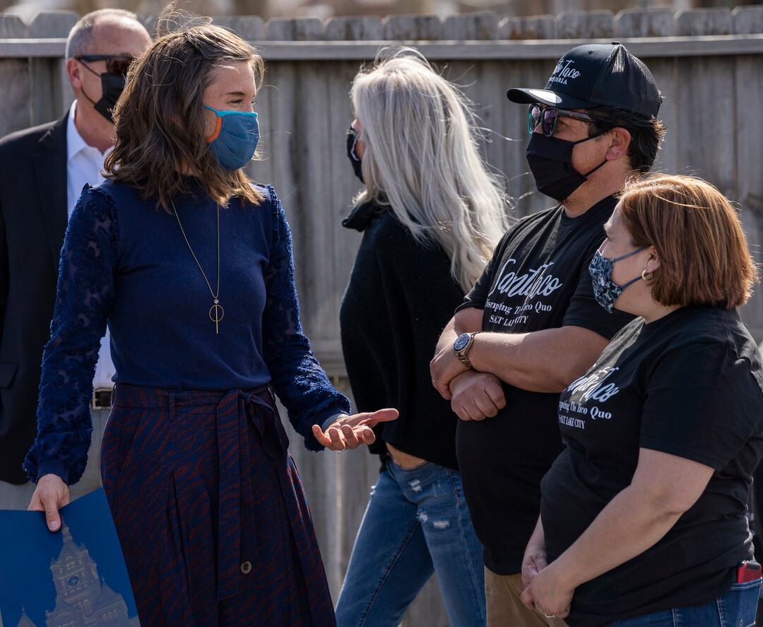 (Rick Egan | The Salt Lake Tribune) Salt Lake City Mayor Erin Mendenhall chats with store owners before a news conference in front of Santo Taco shop, Friday, March 19, 2021.
