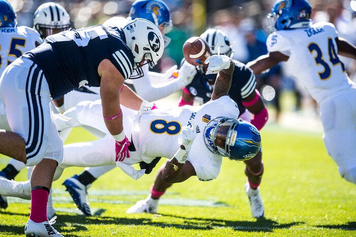 (Chris Detrick  |  The Salt Lake Tribune)  Brigham Young Cougars running back Brayden El-Bakri (35) tackles San Jose State Spartans wide receiver Rahshead Johnson (8) on the opening kick-off during the game at LaVell Edwards Stadium Saturday, October 28, 2017.  