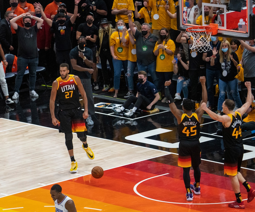 (Rick Egan | The Salt Lake Tribune) Utah Jazz center Rudy Gobert (27) reacts as the Jazz beat the LA Clippers 112-109 after he blocked a shot by LA Clippers forward Marcus Morris Sr. (8) with seconds left in Game One of the second round of the NBA playoffs at Vivint Arena, on Tuesday, June 8, 2021.