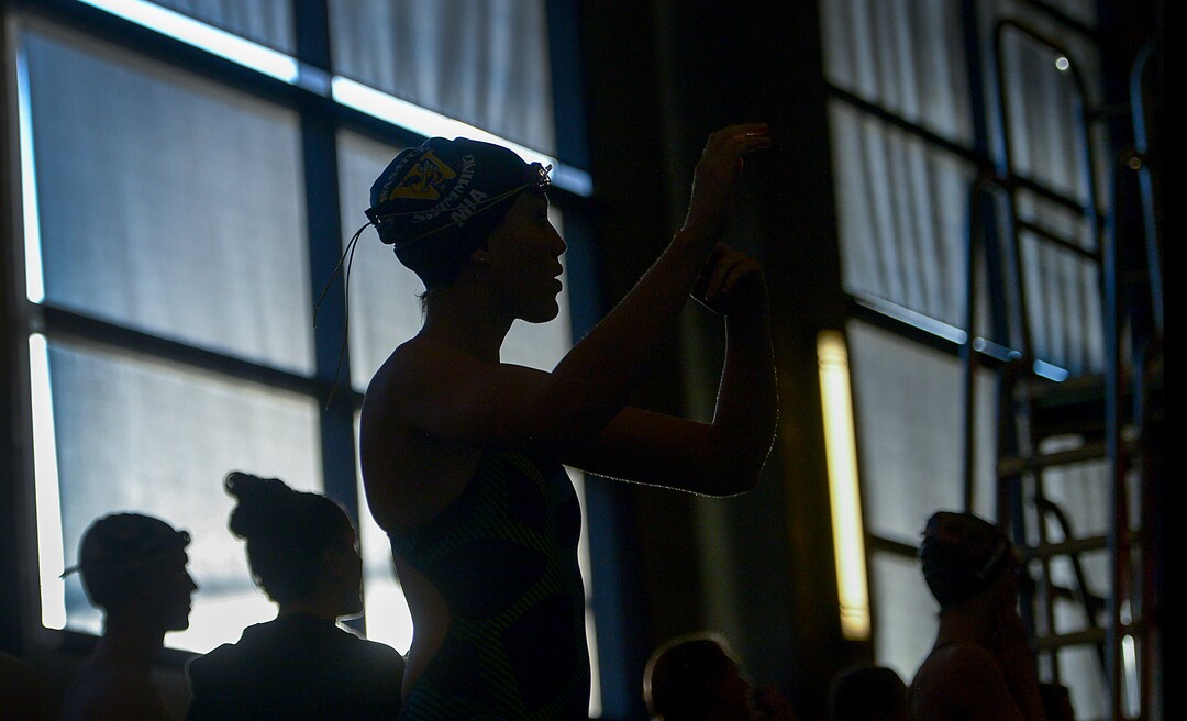 (Leah Hogsten  |  The Salt Lake Tribune)  Wasatch High School's Mia Johnson gets ready to swim the 100 yard breaststroke at the Class 5A State Championships in Bountiful, Saturday, February 10, 2018. 