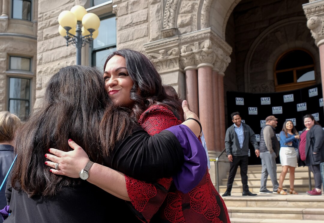 (Francisco Kjolseth  |  The Salt Lake Tribune)  Salt Lake City Sen. Luz Escamilla is embraced by a supporters as she launches her official campaign for city mayor from the steps of the Salt Lake City and County building on Tuesday, March 26, 2019. As the city grows and becomes more diverse, Escamilla says she would represent a number of overlooked communities, including the Latino population and the cityÕs west side. If elected, she would likely be the first ethnic minority mayor of Salt Lake City and would be only the third woman to hold the position.