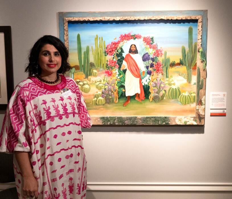 (Rick Egan | The Salt Lake Tribune)  Michelle Franzoni Thorley, with her painting "Making Space for Us," in the 12th International Art Competition at the LDS Church History Museum on Thursday, June 9, 2022.
