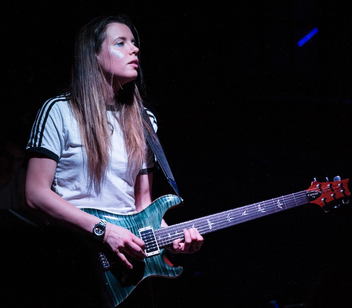 (Rick Egan | The Salt Lake Tribune) Isabel Torres plays guitar with Declan McKenna in the Venue, in Salt Lake City, Tuesday, March 20, 2018