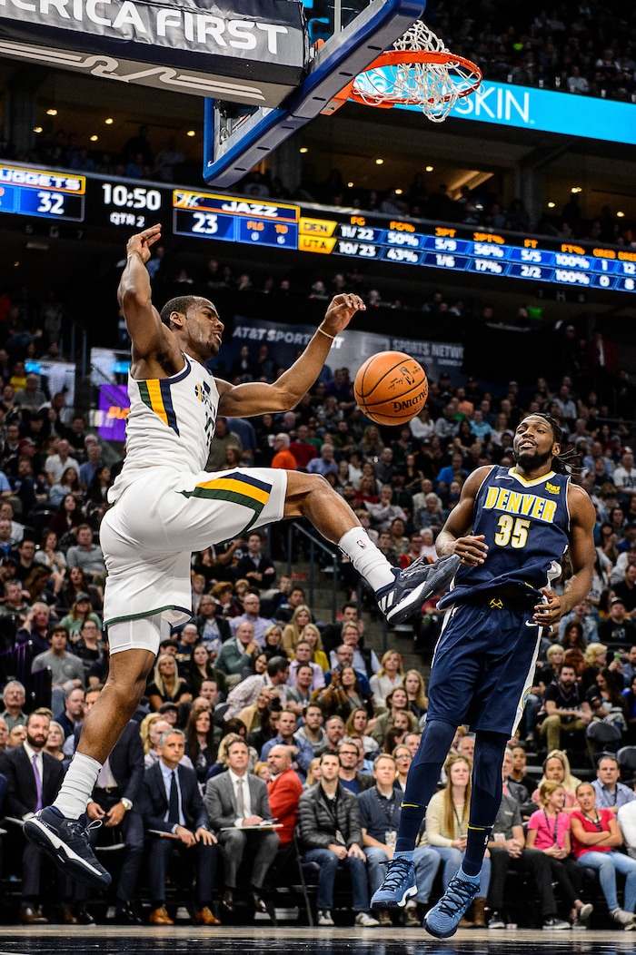 (Trent Nelson | The Salt Lake Tribune)  Utah Jazz guard Alec Burks (10) dunks as the Utah Jazz host the Denver Nuggets, NBA basketball in Salt Lake City, Wednesday October 18, 2017.