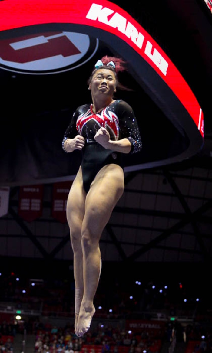 (Trent Nelson | The Salt Lake Tribune)  Kari Lee on vault as Utah hosts Washington, NCAA gymnastics in Salt Lake City, Saturday February 3, 2018.