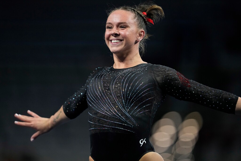(Tony Gutierrez | AP) Utah's Maile O'Keefe competes in the floor exercise during the semifinals of the NCAA women's gymnastics championships Thursday, April 13, 2023, in Fort Worth, Texas.