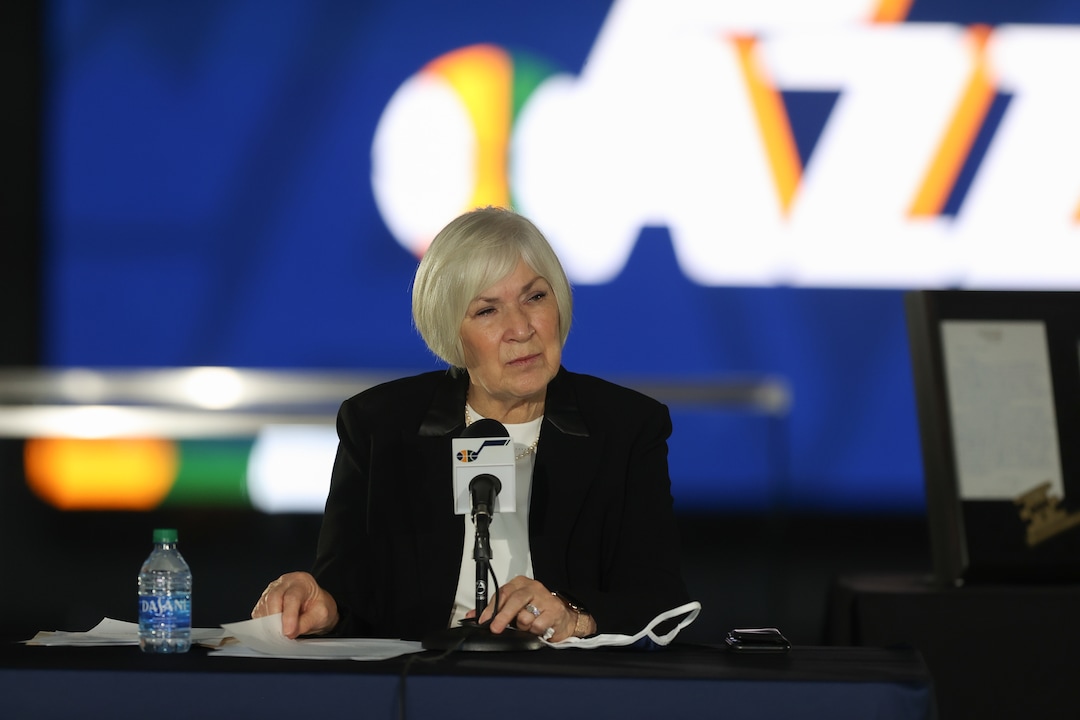 (Photo courtesy Utah Jazz/Melissa Majchrzak) Gail Miller, owner and chair of the Larry H. Miller Group of Companies and the Utah Jazz speaks at a news conference where she announced agreements to sell a majority interest in the Utah Jazz and other sports to Ryan Smith at vivint.SmartHome Arena on October 28, 2020 in Salt Lake City, Utah.
