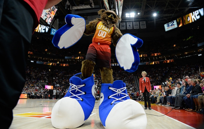(Francisco Kjolseth  |  The Salt Lake Tribune)  The Jazz Bear tries to get the crowd to make some noise in the second half of their NBA game at Vivint Smart Home Arena Monday, Jan. 14, 2019, in Salt Lake City.