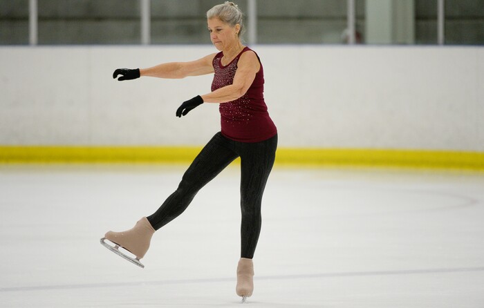 (Francisco Kjolseth  |  The Salt Lake Tribune)  Beth Putnam, 69, of Daytona Beach, FL, a bronze class 5 skater takes to the ice for a practice session as she gets ready to compete in the 2019 U.S. Adult Figure Skating Championships, now in its 25th year, being held at the SLC Sports Complex. Over 600 skaters between 21 and 80 will compete April 3-6.