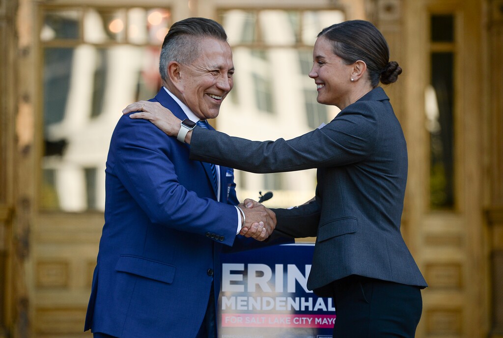 (Francisco Kjolseth  |  The Salt Lake Tribune)  Salt Lake City Councilwoman Erin Mendenhall announces an endorsement from former opponent David Ibarra as they gather on the West steps of the Salt Lake City and County Building on Thursday, Oct. 3, 2019.