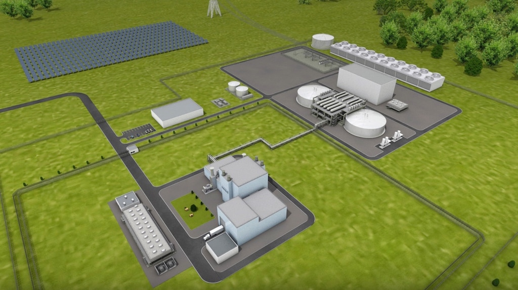 (TerraPower) This rendering shows the building layout for TerraPower's fast sodium nuclear reactor and molten salt storage project planned for Kemmerer, Wyo.