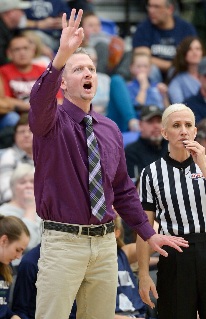 (Leah Hogsten  |  The Salt Lake Tribune)  Copper Hills' head coach Ben Morley. Bingham defeated Copper Hills 48-40 in their semifinal game of the 6A High School Girls' Basketball Tournament at SLCC in Taylorsville, Friday, Feb. 23, 2018. 