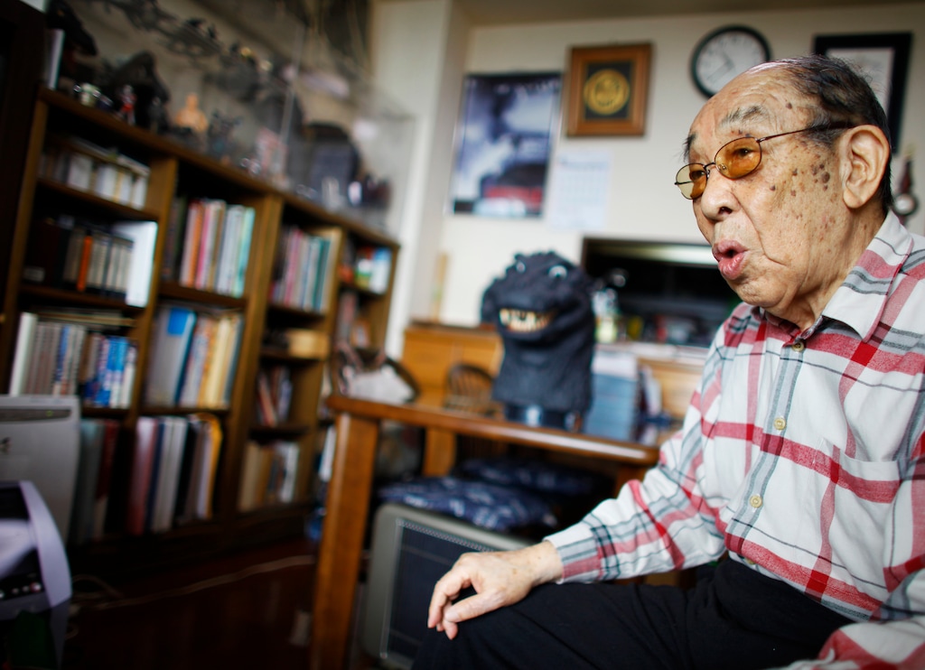 FILE- In this April 28, 2014 photo, original Godzilla suit actor Haruo Nakajima, who has played his role as the monster, speaks during an interview at his home in Sagamihara, near Tokyo. Nakajima, the actor who stomped in a rubber suit to portray the original 1954 Godzilla, died Monday, Aug. 7, 2017. He was 88. (AP Photo/Junji Kurokawa, File)