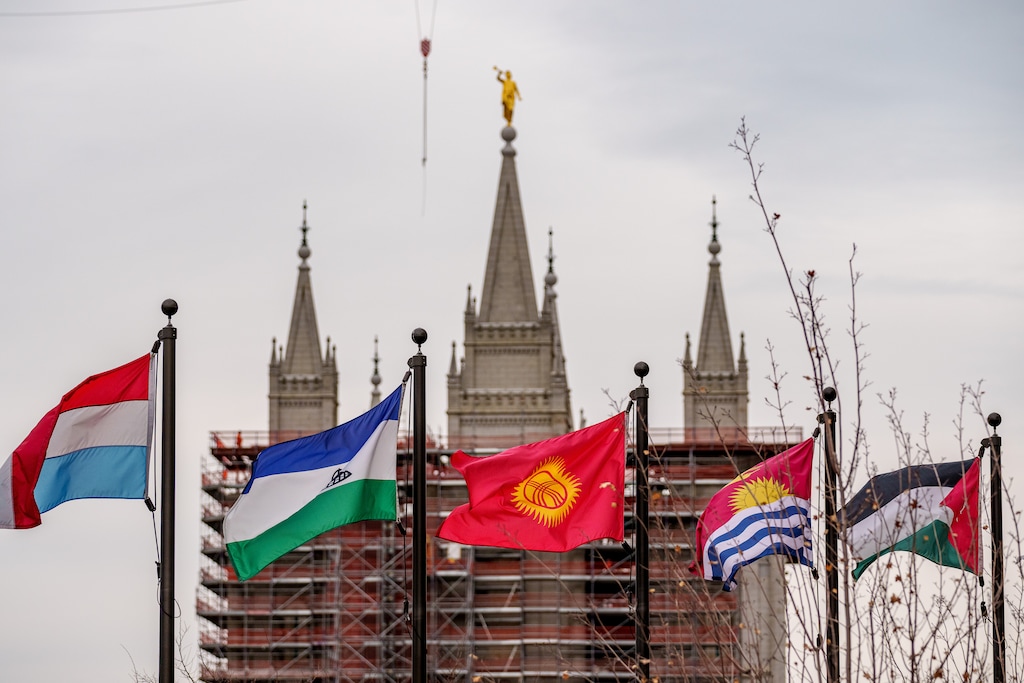 (Trent Nelson  |  The Salt Lake Tribune) International flags, representing the global Church of Jesus Christ of Latter-day Saints, line a plaza near the Salt Lake Temple in Salt Lake City on Monday, Feb. 3, 2025.