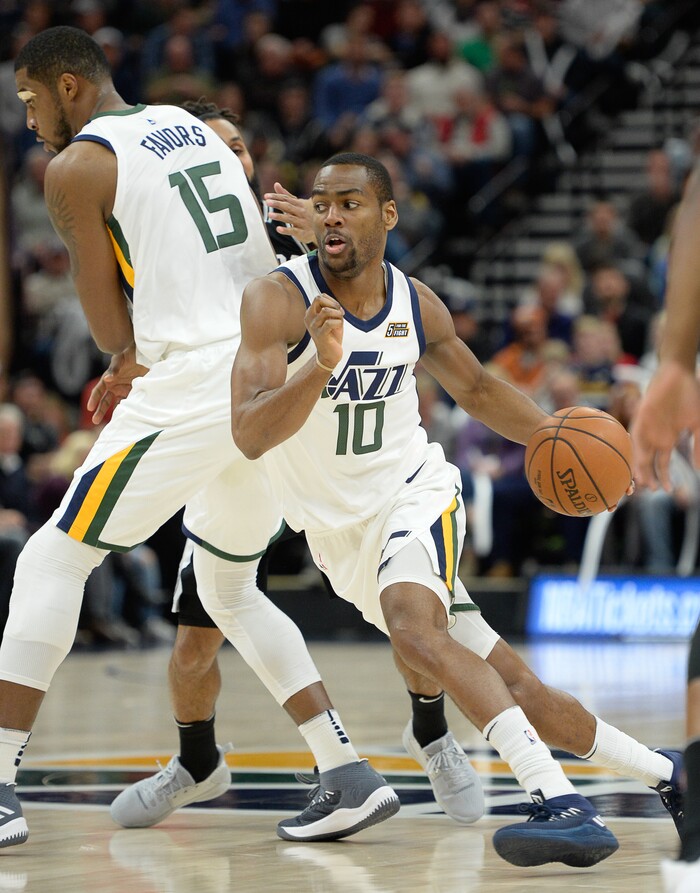 (Francisco Kjolseth  |  The Salt Lake Tribune)  Utah Jazz guard Alec Burks (10) makes his way to the basket against the Spurs during the first quarter of an NBA basketball game in Salt Lake City, Thursday, Dec. 21, 2017.
