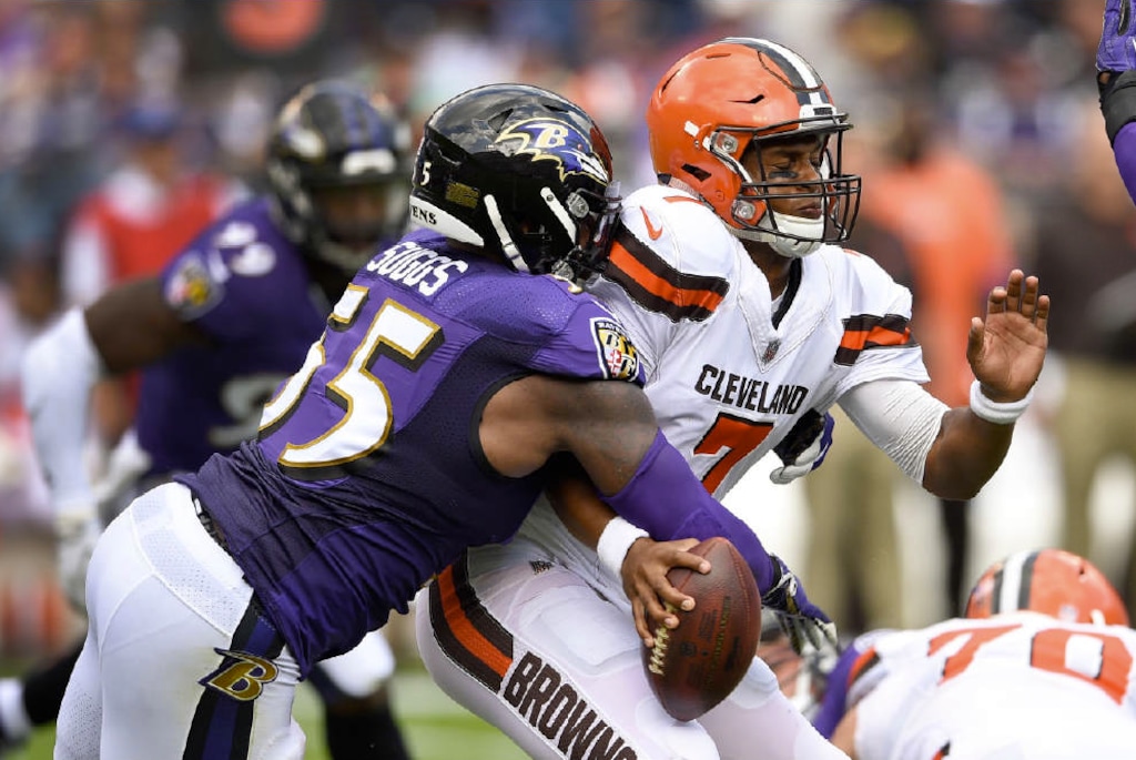 Nick Wass | The Associated Press. Baltimore Ravens outside linebacker Terrell Suggs (55) strips the ball from Cleveland Browns quarterback DeShone Kizer (7) forcing a turnover during the first half of an NFL football game in Baltimore, Sunday, Sept. 17, 2017.