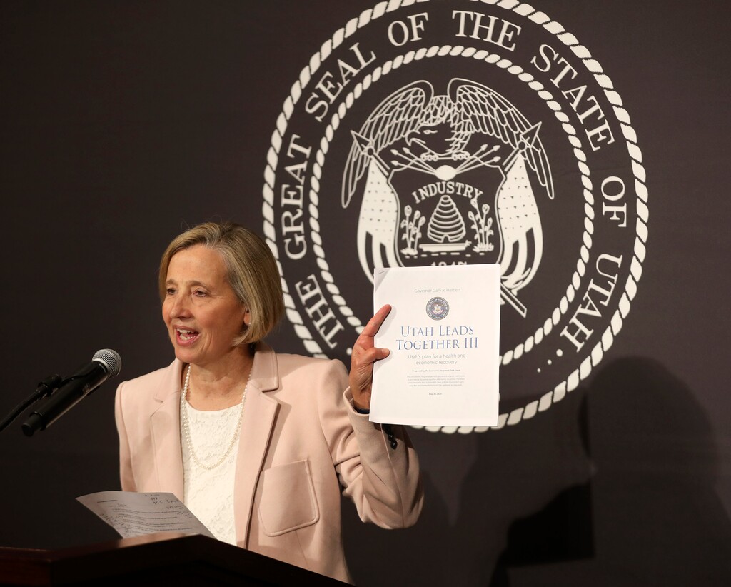 (Steve Griffin |  Deseret News, pool) Natalie Gochnour, director of the Kem C. Gardner Policy Institute at the University of Utah, speaks during the daily COVID-19 briefing at the Capitol in Salt Lake City on Wednesday, May 20, 2020.