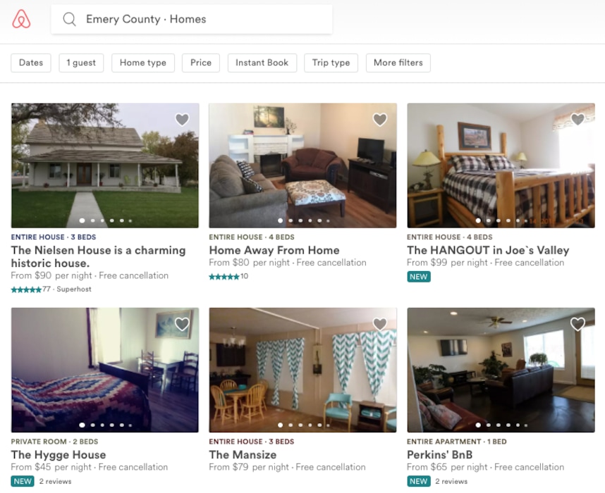 Emery County officials are seeking out hosts through Airbnb and other vacation rentals to meet the need for lodging in the northwest part of the county. Recreation tourism is booming in that area, where the economy has traditionally been focused on mining. Here is a screenshot of some of the latest Airbnb listings for the area.