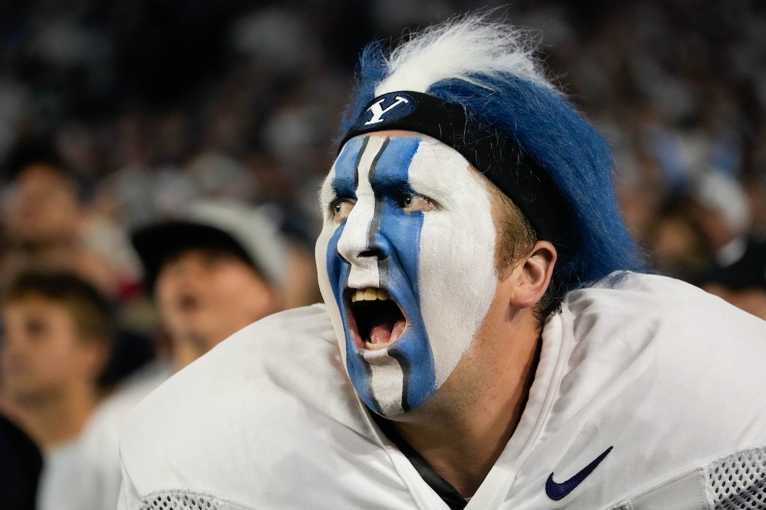 (Francisco Kjolseth | The Salt Lake Tribune) Brigham Young Cougar fans cheer on their team as they take on the Arizona State Sun Devils at LaVell Edwards Stadium in Provo, on Saturday, Sept. 18, 2021.