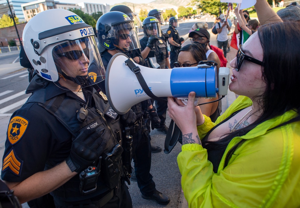(Rick Egan  |  The Salt Lake Tribune) Sophie Alcala faces off with the Salt Lake City Police during a Justice for Bernardo Palacios-Carbajal protest in Salt Lake City on Tuesday, June 23, 2020.