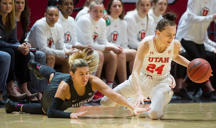(Rick Egan  |  The Salt Lake Tribune)       Washington Huskies guard Amber Melgoza (4) goes for a loose ball along with Utah Utes guard/forward Tilar Clark (24), in PAC-12 women's basketball action at the Jon M. Huntsman Center, Sunday, Feb. 18, 2018.