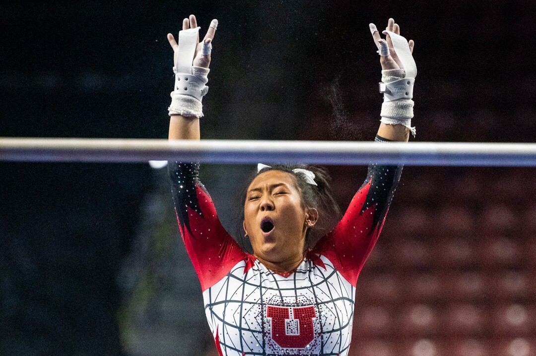 (Rick Egan | The Salt Lake Tribune) Cristal Isa reacts after competing on the uneven bars, for Utah, in the PAC-12 Championships at the Maverik Center, onSaturday, March 20, 2021.