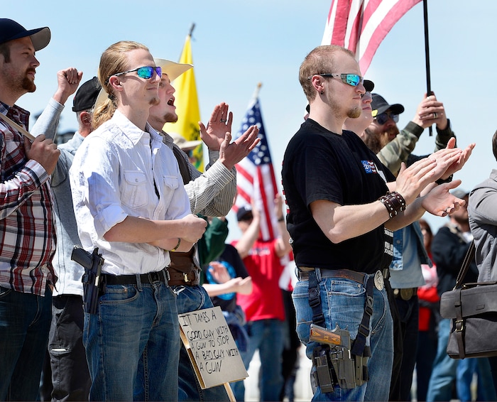 (Scott Sommerdorf | The Salt Lake Tribune)
A group calling themselves Citizens and Students For Liberty (SFL) gathered at the Utah State Capitol on Saturday to show their support for the Second Amendment, Saturday, April 14, 2018.